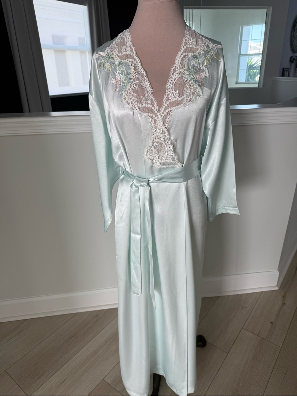 Victoria Secret Vintage Silk-Feel Lace Trim Robe - Light Mint - Size S
